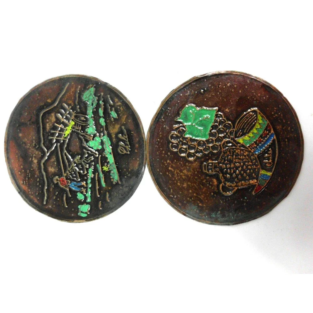 Chile Hand Tooled Leather Drink Coasters Set of 6 Round Painted Handmade